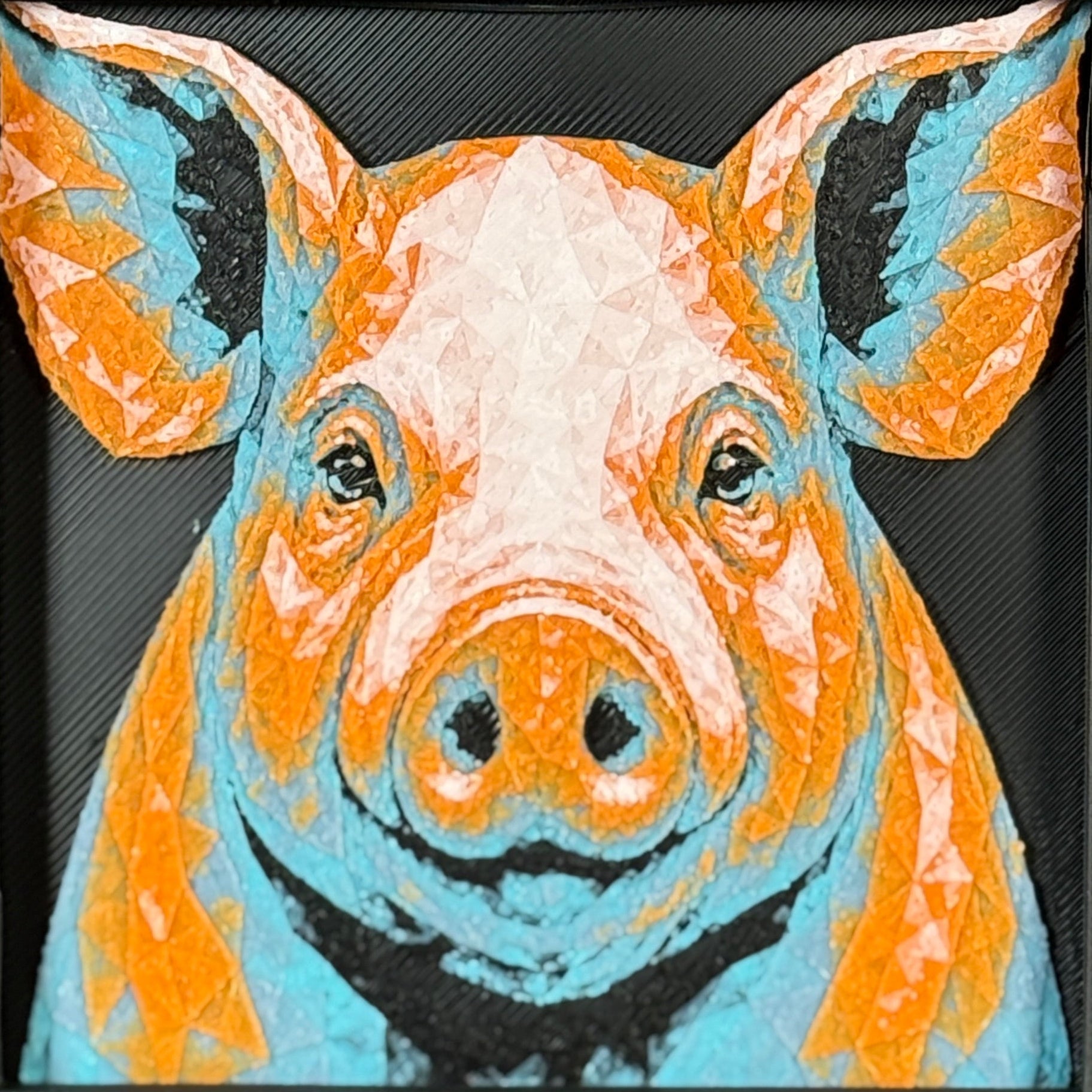 Geometric pig layered art in Teal Orange palette in a black frame