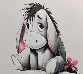 Sad donkey framed layered 3D art with pink ears, seated pose, flower accent, and storybook character styling