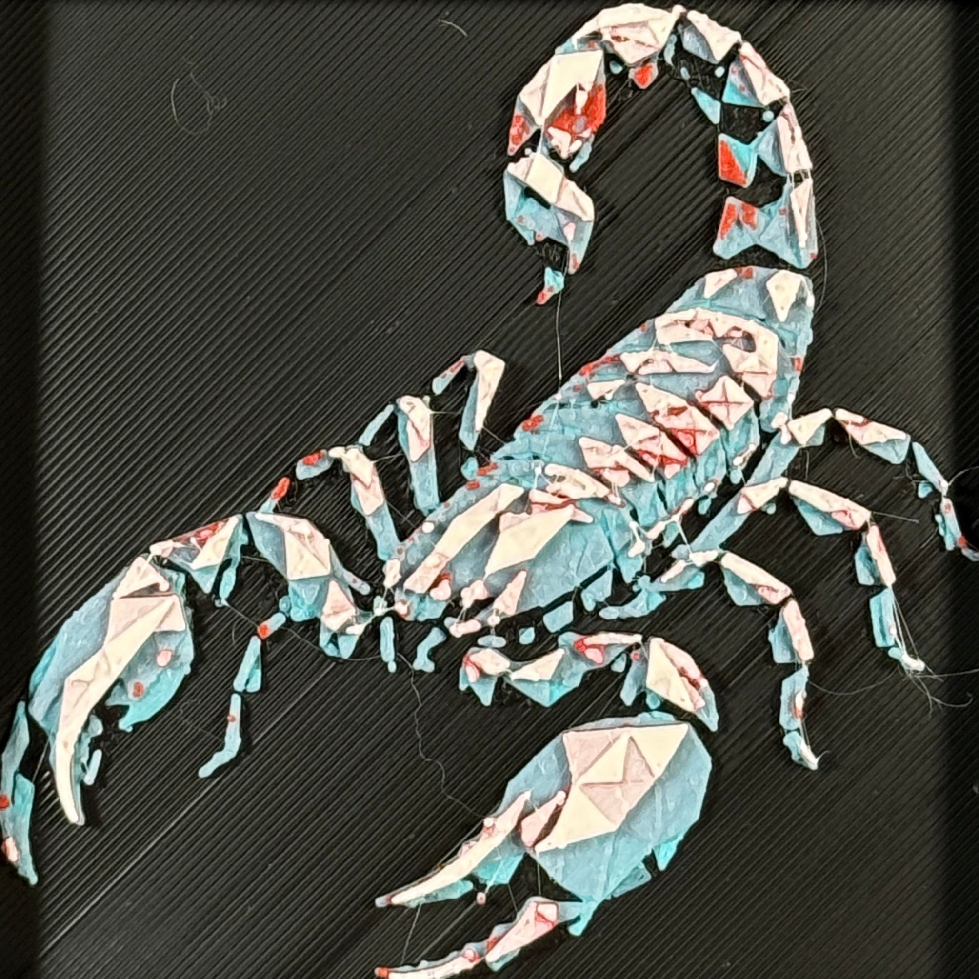 Geometric scorpion layered art in Crimson Ice palette in a black frame