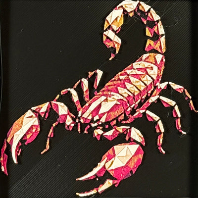 Geometric scorpion layered art in Royal Gold palette in a black frame