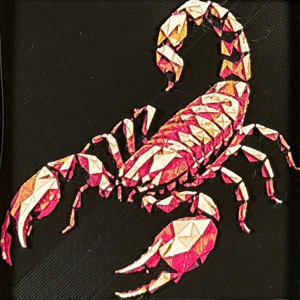 Geometric scorpion layered art in Royal Gold palette in a black frame