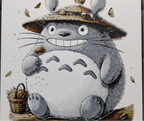 Framed 3D layered art piece featuring a detailed illustration of a large, round gray forest creature wearing a small straw hat, set against a light textured background.