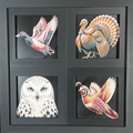 Backyard Birds geometric four-panel curated set of framed 3D layered art