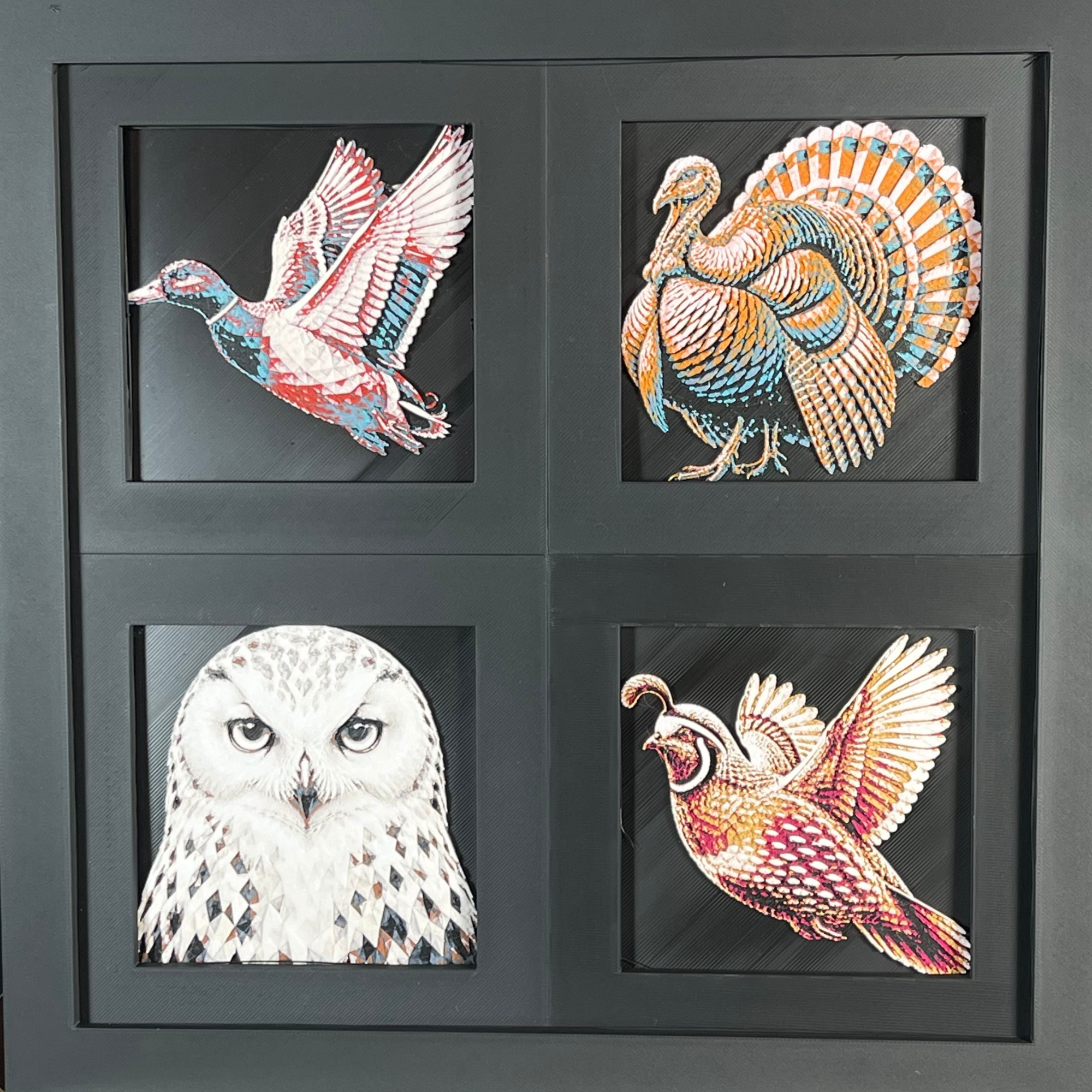 Backyard Birds geometric four-panel curated set of framed 3D layered art