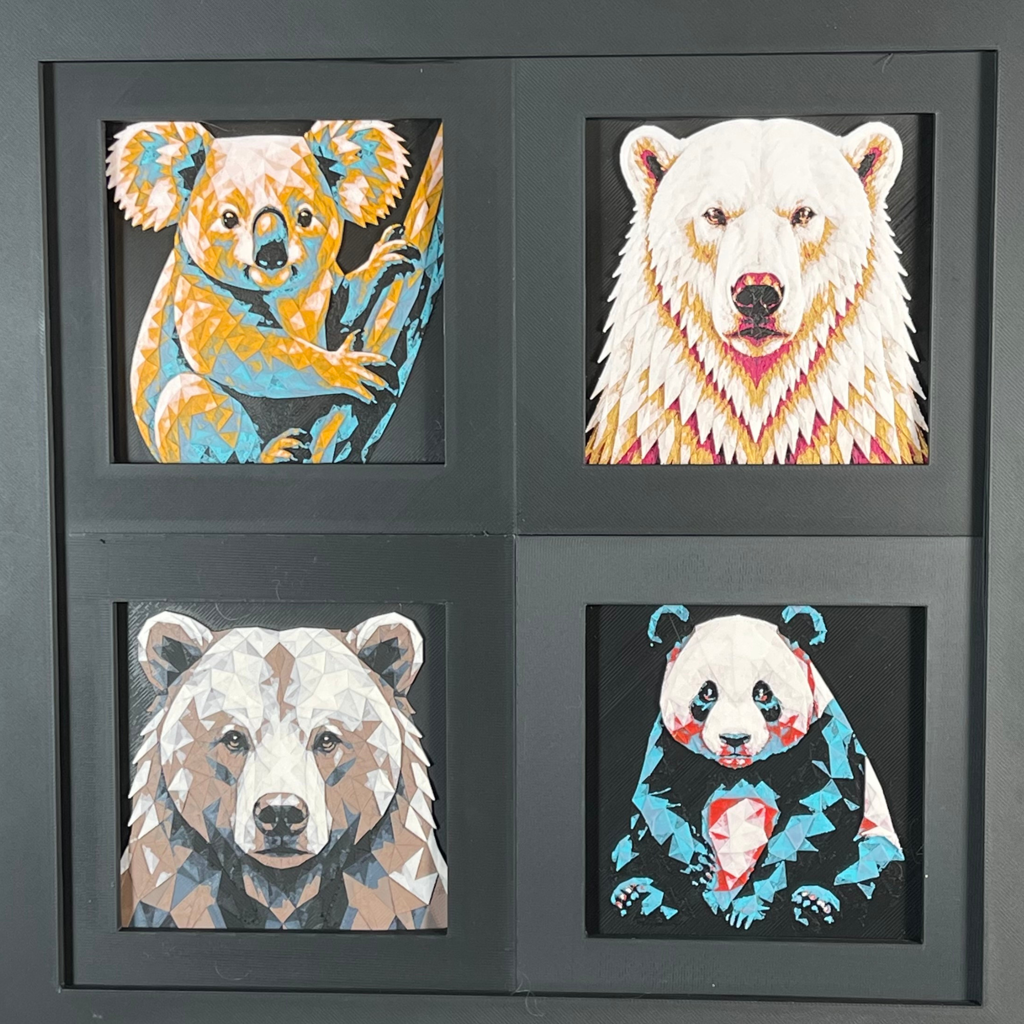 Bears geometric four-panel curated set of framed 3D layered animal art