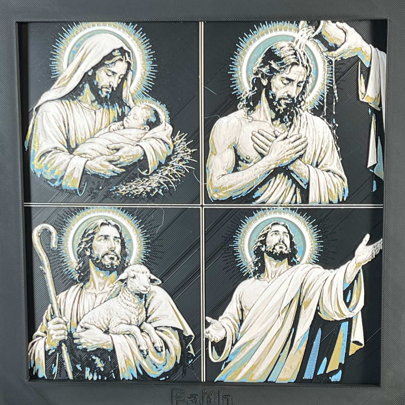 Nativity to Resurrection curated four-panel single framed 3D layered Christian art