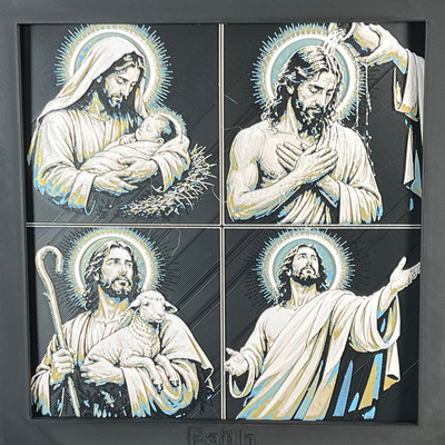Nativity to Resurrection curated four-panel single framed 3D layered Christian art