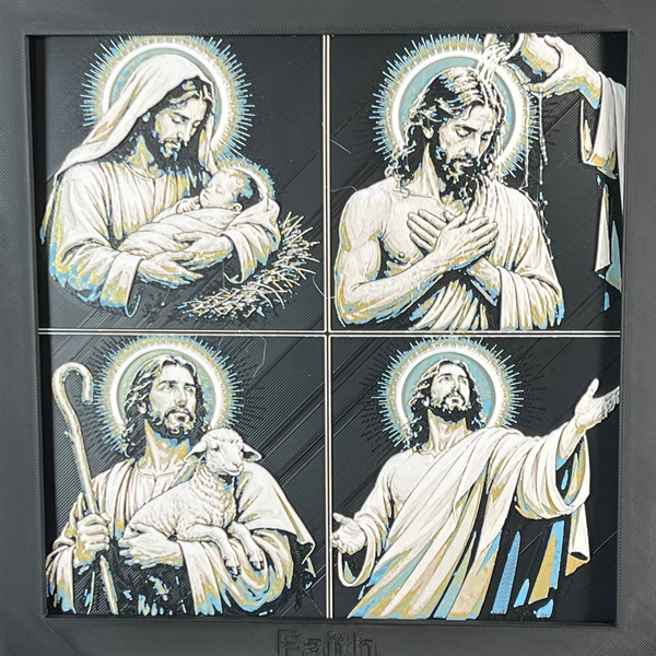 Nativity to Resurrection curated four-panel single framed 3D layered Christian art