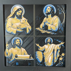 Framed Life of Christ curated four-pack featuring Jesus with a lamb, praying in Gethsemane, teaching, and standing with open arms in blue, gold, white, and black layered art.
