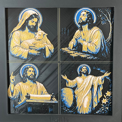 Framed Life of Christ curated four-pack featuring Jesus with a lamb, praying in Gethsemane, teaching, and standing with open arms in blue, gold, white, and black layered art.