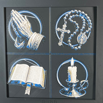 Faith Symbols four-panel curated set of framed 3D layered Christian art