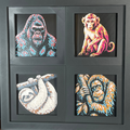 Primates geometric four-panel curated set of framed 3D layered animal art