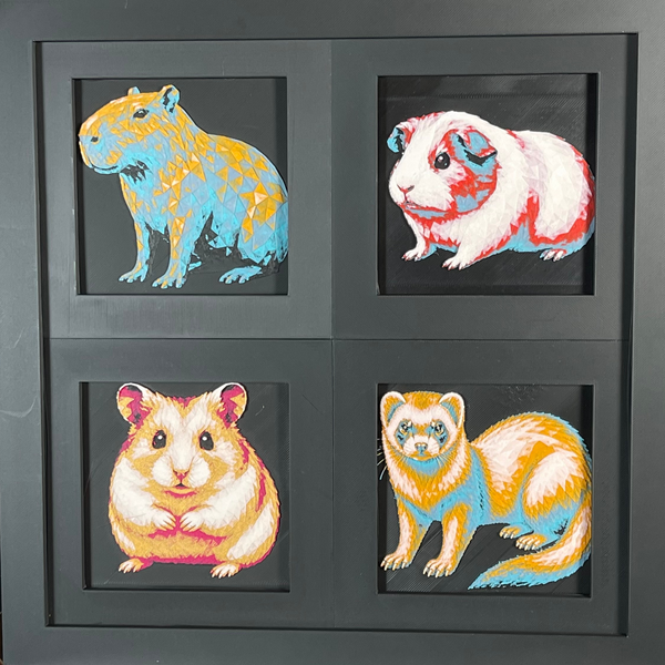 Small Pets geometric four-panel curated set of framed 3D layered animal art