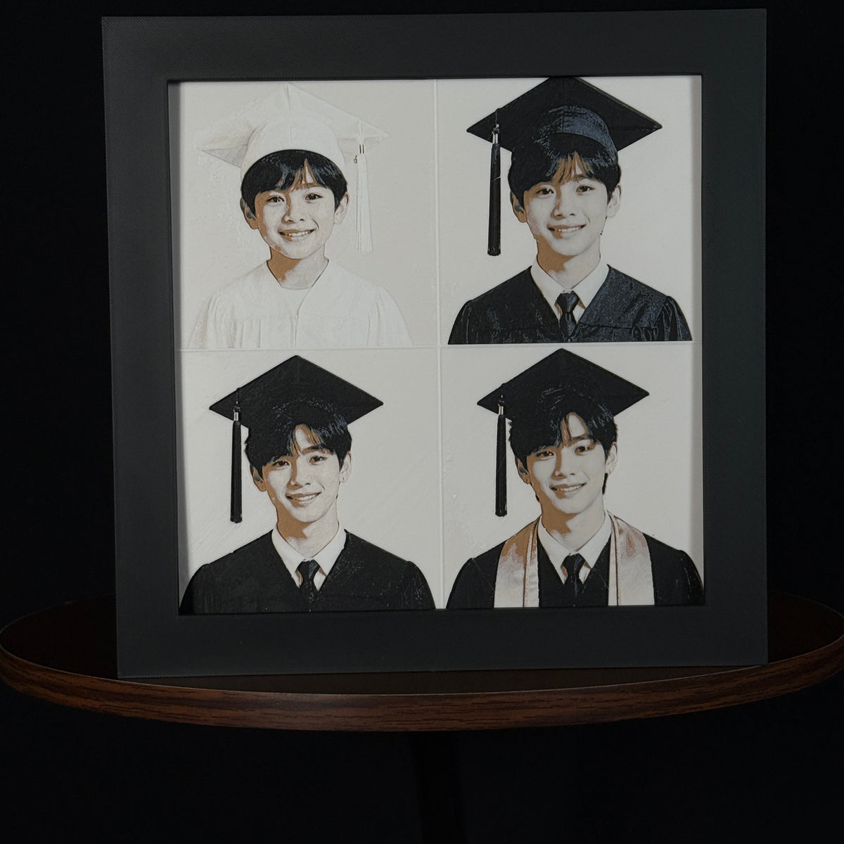 Graduation custom photo four-panel framed 3D layered art showing one student from kindergarten through high school graduation, made from family photographs by WTx3D