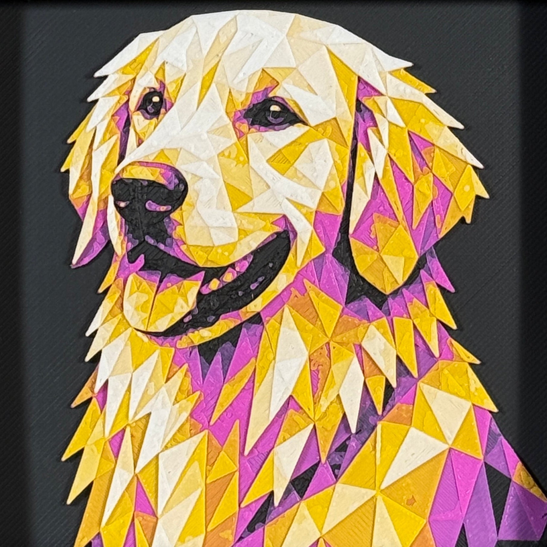 Golden Retriever in Royal Gold color palette, framed geometric layered art by WTX3D.