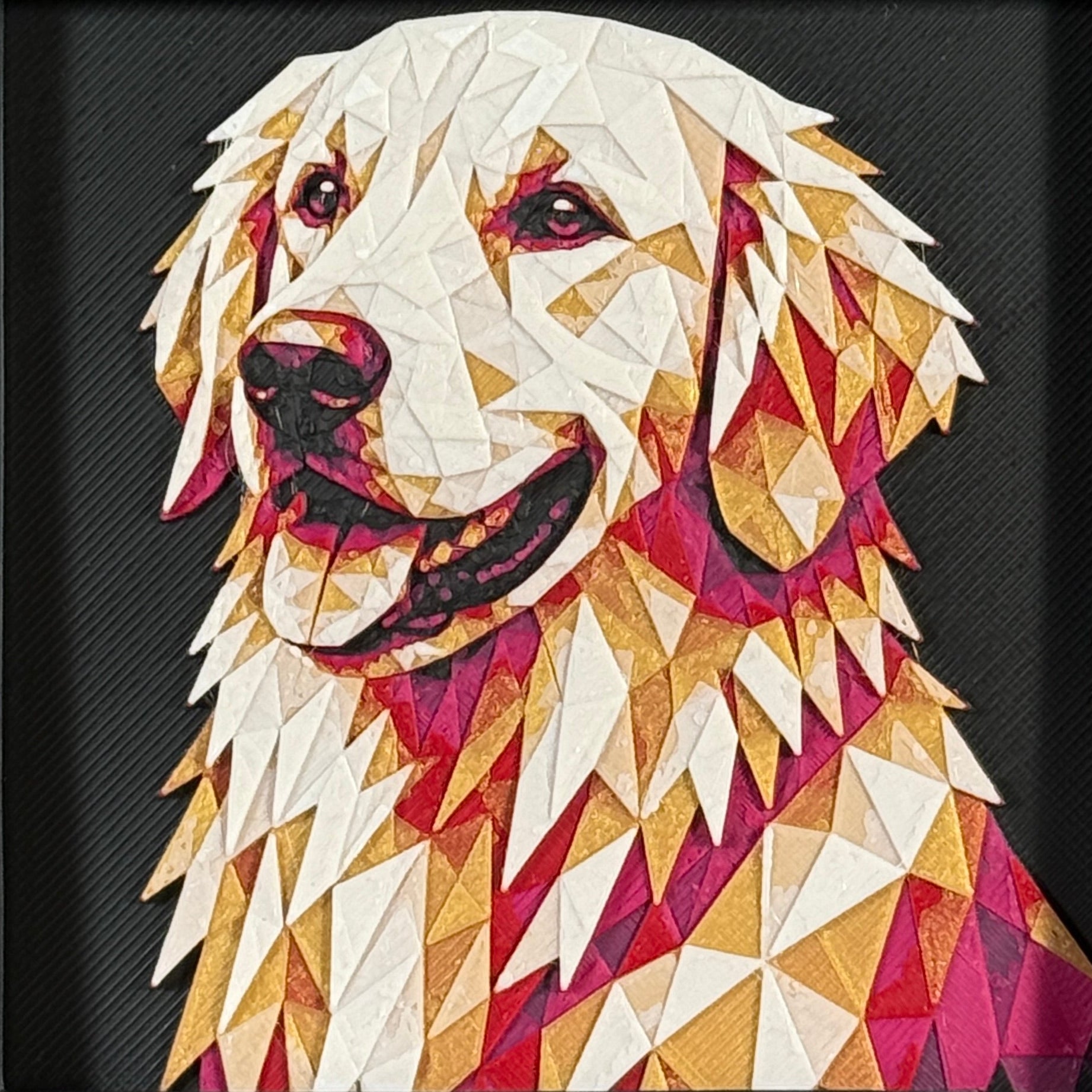 Golden Retriever in Royal Gold color palette, framed geometric layered art by WTX3D.