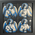 Photograph of the finished WTx3D four-panel framed 3D layered art, showing four archangels bearing a shield, a lantern, a lily, and a star