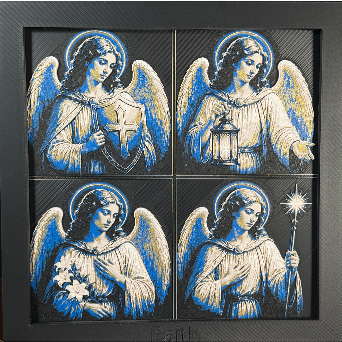 Photograph of the finished WTx3D four-panel framed 3D layered art, showing four archangels bearing a shield, a lantern, a lily, and a star