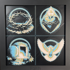 Photograph of the finished WTx3D four-panel framed 3D layered art, showing the crown of thorns, the Sacred Heart, the empty tomb, and the descending dove