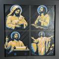 Photograph of the finished WTx3D four-panel framed 3D layered art, showing four scenes from the ministry of Jesus in gold and blue