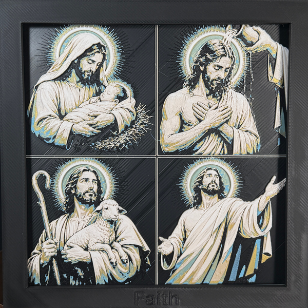 Photograph of the finished WTx3D four-panel framed 3D layered art, showing the Nativity, the Sacred Heart, the Good Shepherd, and Christ preaching