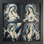 Photograph of the finished WTx3D four-panel framed 3D layered art, showing the Madonna and Child, the Immaculate Heart, Mary in prayer, and Mary crowned