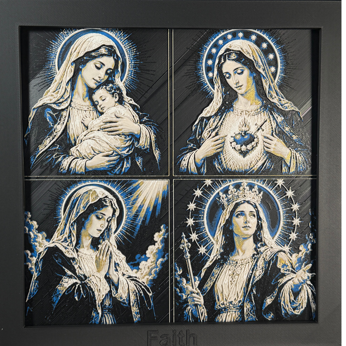 Photograph of the finished WTx3D four-panel framed 3D layered art, showing the Madonna and Child, the Immaculate Heart, Mary in prayer, and Mary crowned