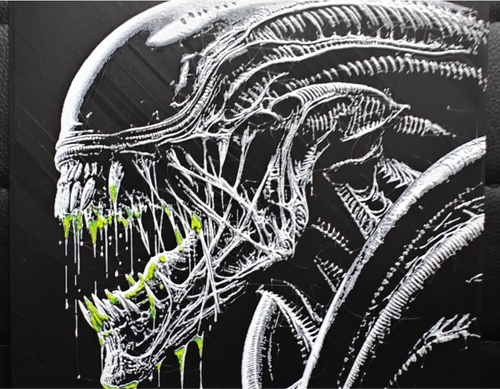 Alien creature framed layered 3D art with skeletal detail and green accents