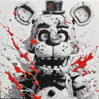 Animatronic bear horror framed layered 3D art with red accent splashes