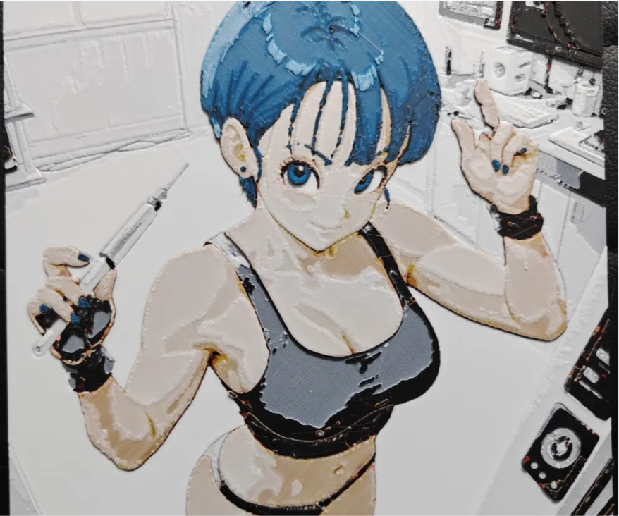 Framed 3D layered art piece from image_8ccb25.png featuring a detailed portrait of a classic female anime inventor character with short bright blue hair, wearing a white tank top and dark gloves, smiling and waving cheerfully against a workshop background.
