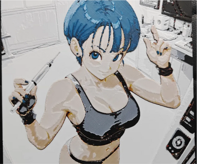 Framed 3D layered art piece from image_8ccb25.png featuring a detailed portrait of a classic female anime inventor character with short bright blue hair, wearing a white tank top and dark gloves, smiling and waving cheerfully against a workshop background.