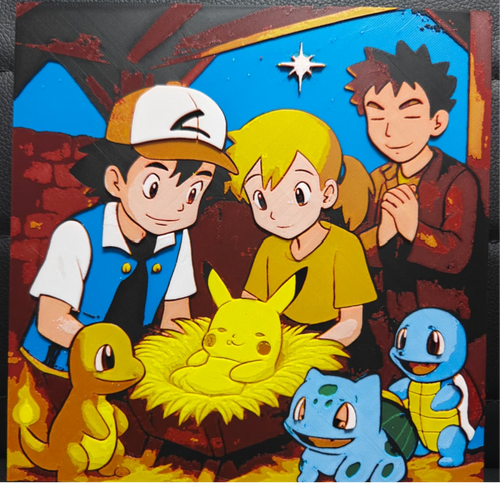 Framed 3D layered art piece featuring a humorous holiday illustration parodying a Nativity scene with classic anime characters. An anime boy trainer in a blue vest and a girl in a yellow shirt look down at a baby yellow electric creature resting in a straw manger, surrounded by three iconic starter monsters: a small orange fire lizard, a blue turtle, and a green seed dinosaur.