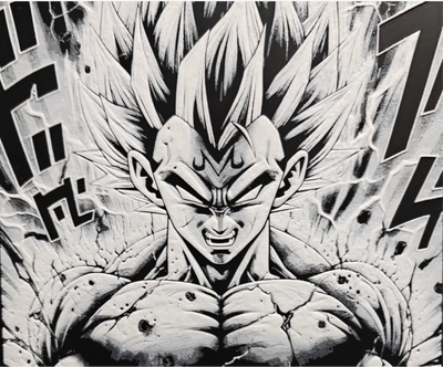 Framed 3D layered art piece featuring a detailed grayscale manga-style portrait of a proud anime warrior prince character with sharp spiky hair and a fierce, determined expression surrounded by dynamic action energy lines.