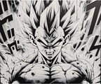 Framed 3D layered art piece featuring a detailed grayscale manga-style portrait of a proud anime warrior prince character with sharp spiky hair and a fierce, determined expression surrounded by dynamic action energy lines.