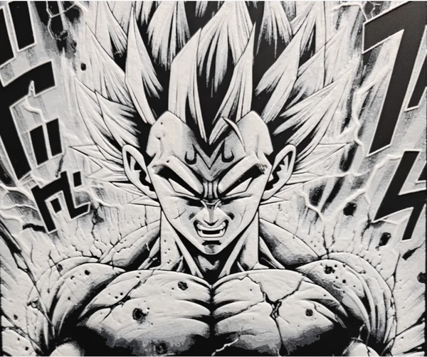 Framed 3D layered art piece featuring a detailed grayscale manga-style portrait of a proud anime warrior prince character with sharp spiky hair and a fierce, determined expression surrounded by dynamic action energy lines.