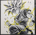 Framed 3D layered art piece featuring a detailed grayscale illustration of a powerful anime warrior character with spiky hair in a dynamic powered-up pose, surrounded by vibrant yellow crackling electrical energy and aura effects.