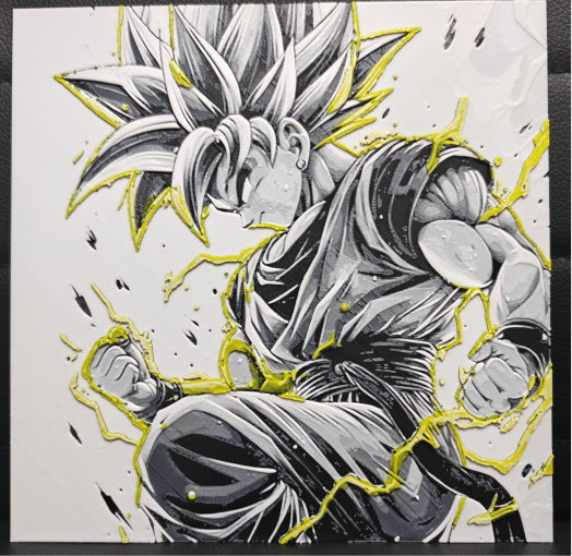Framed 3D layered art piece featuring a detailed grayscale illustration of a powerful anime warrior character with spiky hair in a dynamic powered-up pose, surrounded by vibrant yellow crackling electrical energy and aura effects.