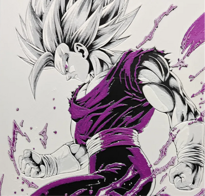 Framed 3D layered art piece featuring a dynamic illustration of a fierce anime warrior character with massive spiky white hair, a sharp gaze, and red eyes, wearing a vibrant crimson and magenta gi outfit with matching energy splatter accents against a light background.