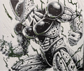 Black armor alien framed layered 3D art with detailed black and white contrast
