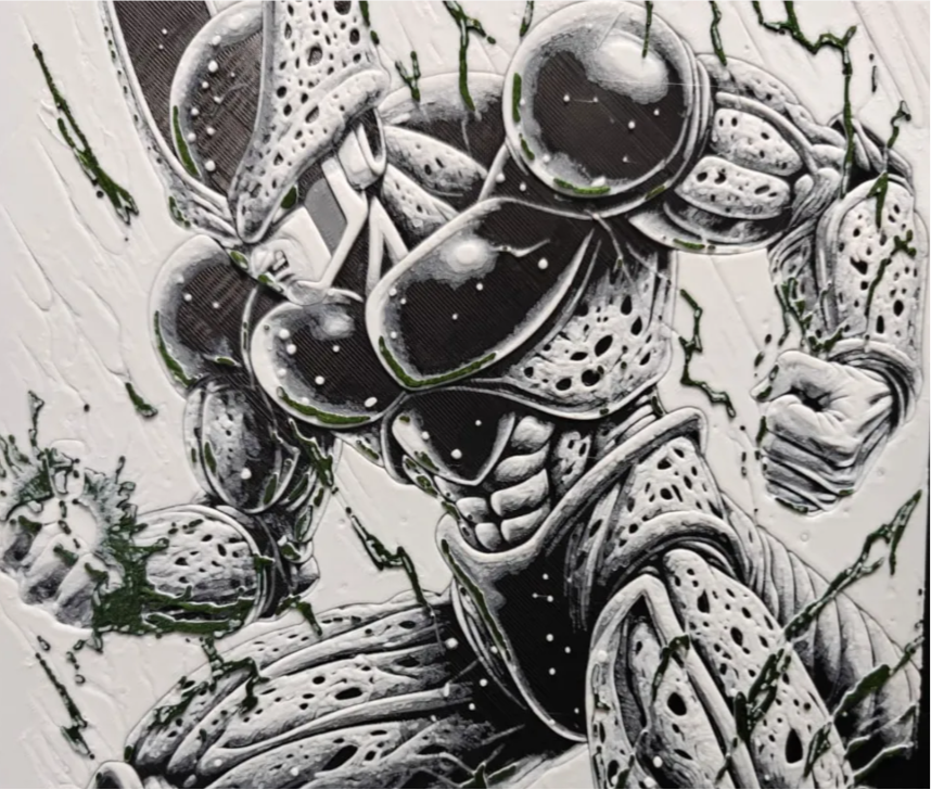 Black armor alien framed layered 3D art with detailed black and white contrast