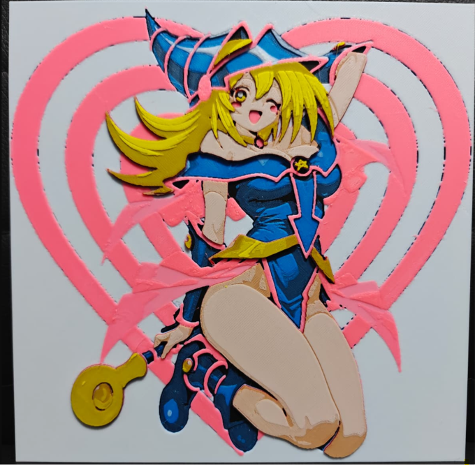 Framed 3D layered art piece featuring a charming illustration of a blonde anime magician girl character wearing a blue outfit with pink trim, holding a golden wand against a backdrop of stylized pink hearts.