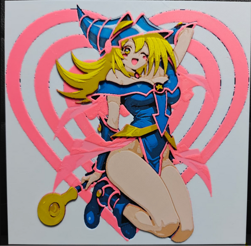 Framed 3D layered art piece featuring a charming illustration of a blonde anime magician girl character wearing a blue outfit with pink trim, holding a golden wand against a backdrop of stylized pink hearts.