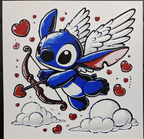 Framed 3D layered art piece featuring an adorable illustration of a cute blue alien character styled as Cupid, flying with white angel wings and holding a wooden bow with a red heart-tipped arrow, floating above soft white clouds and surrounded by small floating red hearts against a light background.