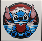 Framed 3D layered art piece featuring an adorable illustration of a cute blue alien character with large ears happily sitting and holding a large red heart, set against a circular retro 80s synthwave sunset background with red horizontal lines and blue water.