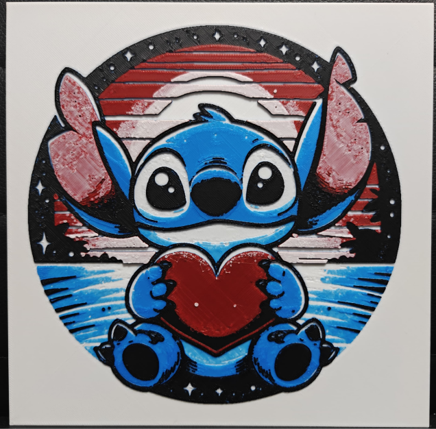 Framed 3D layered art piece featuring an adorable illustration of a cute blue alien character with large ears happily sitting and holding a large red heart, set against a circular retro 80s synthwave sunset background with red horizontal lines and blue water.