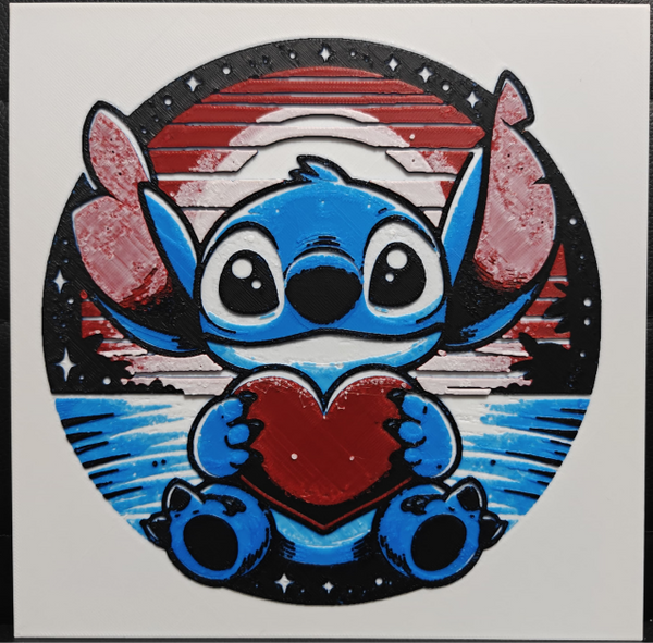 Framed 3D layered art piece featuring an adorable illustration of a cute blue alien character with large ears happily sitting and holding a large red heart, set against a circular retro 80s synthwave sunset background with red horizontal lines and blue water.
