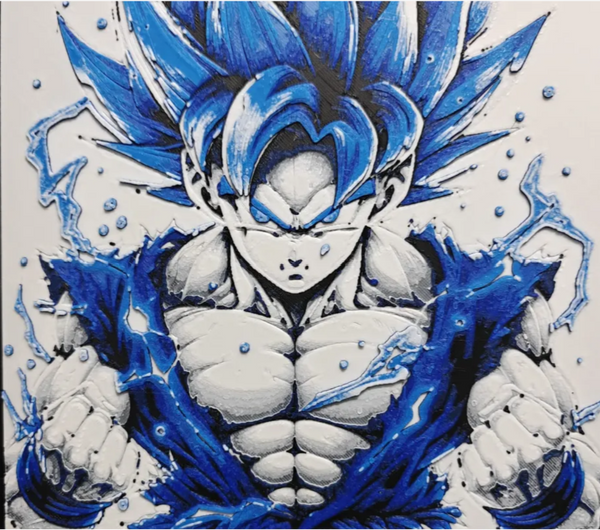 Blue aura warrior framed layered 3D art with intense blue energy accents