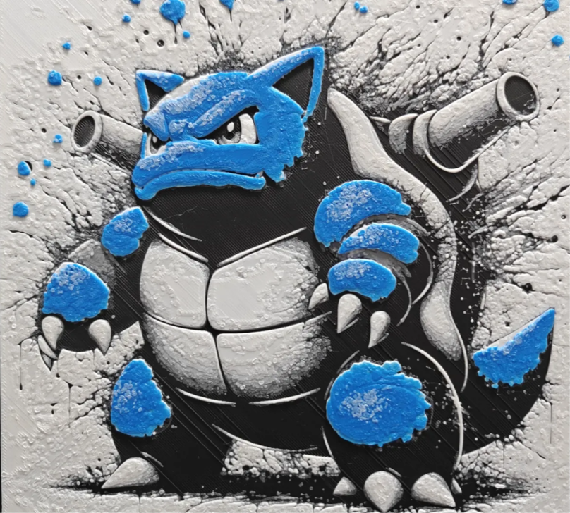 Blue cannon monster framed layered 3D art with bold blue accents