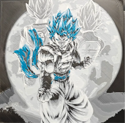 Framed 3D layered art piece featuring a detailed illustration of a powerful spiky-haired anime warrior character with vibrant blue hair and energy highlights, set against a stylized circular pattern background.
