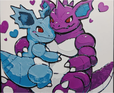 Blue and purple duo monster framed layered 3D art with heart accents